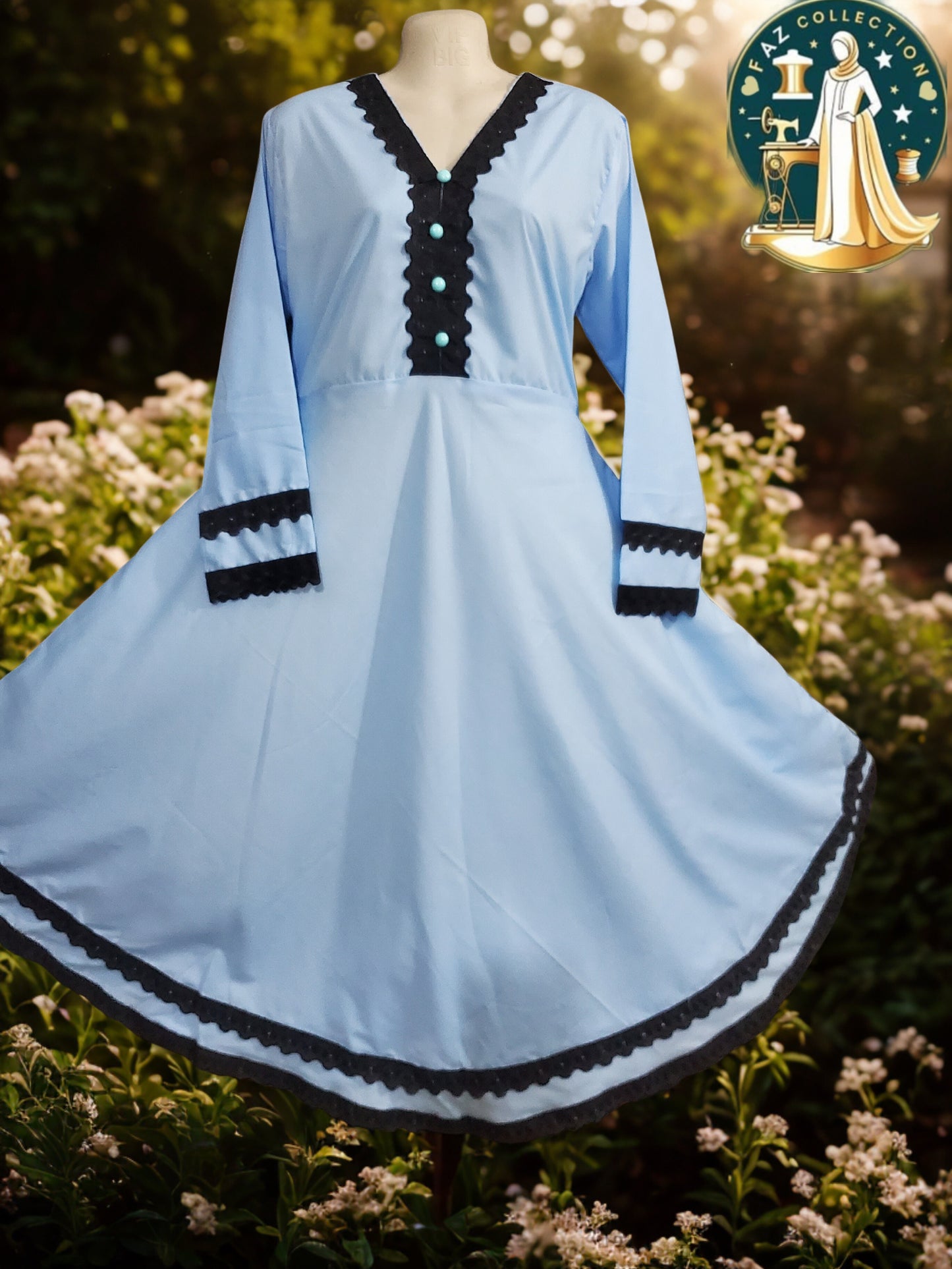 Sky blue cotton long maxi with full sleeves